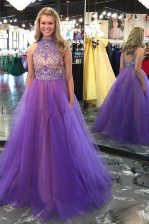 Sweet Lavender Backless Scoop Beading Prom Dresses Tulle Sleeveless