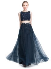 Affordable Scoop Floor Length Navy Blue Evening Dress Chiffon Sleeveless Beading