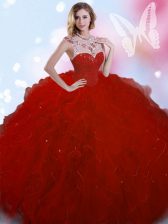 Top Selling Beading Quince Ball Gowns Wine Red Zipper Sleeveless Floor Length