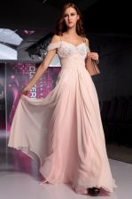  Spaghetti Straps Short Sleeves Chiffon Prom Dress Beading and Ruching Backless