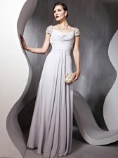 Artistic Cap Sleeves Floor Length Beading and Ruching Zipper Dress for Prom with Silver