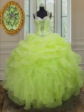 New Style Ball Gowns Quinceanera Dress Yellow Green Straps Organza Sleeveless Floor Length Zipper