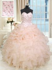Glittering Peach Ball Gowns Beading and Ruffles Sweet 16 Dresses Lace Up Organza Sleeveless Floor Length
