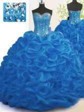 Trendy Organza Sweetheart Sleeveless Brush Train Lace Up Beading and Ruffles Quinceanera Gowns in Royal Blue