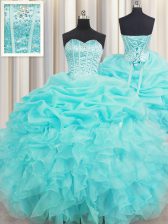 Affordable Visible Boning Baby Blue Ball Gowns Organza Sweetheart Sleeveless Beading and Ruffles and Pick Ups Floor Length Lace Up Sweet 16 Dresses
