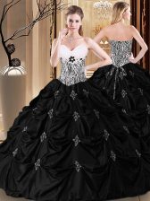 New Arrival Taffeta Sweetheart Sleeveless Lace Up Appliques and Pick Ups and Pattern Sweet 16 Dresses in Black