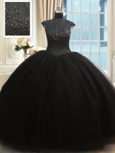 Cheap Black Ball Gowns High-neck Cap Sleeves Tulle Floor Length Zipper Beading Sweet 16 Dresses