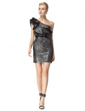  Black Printed Zipper One Shoulder Sleeveless Mini Length Prom Dresses Ruching and Pattern