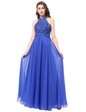 Exceptional Halter Top Sleeveless Backless Prom Dress Blue Chiffon