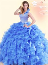 Excellent Ball Gowns Sweet 16 Dress Blue High-neck Organza Sleeveless Floor Length Backless