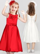 Smart Clasp Handle Scoop Sleeveless Toddler Flower Girl Dress Tea Length Bowknot and Hand Made Flower Red Satin