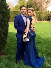  Lace Floor Length Mermaid Cap Sleeves Navy Blue Homecoming Dress Backless