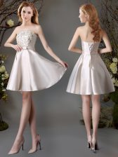  Sleeveless Satin Mini Length Lace Up Quinceanera Court Dresses in Champagne with Appliques and Bowknot