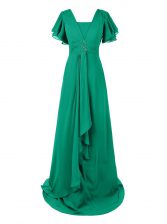 Customized Short Sleeves Chiffon With Train Sweep Train Zipper Homecoming Dress in Green with Beading and Ruching