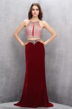  Burgundy Criss Cross Scoop Beading and Appliques Prom Dress Chiffon Sleeveless Brush Train