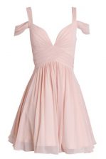 Trendy Peach A-line Sweetheart Sleeveless Chiffon Knee Length Backless Ruching 