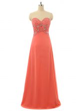  Watermelon Red A-line Sweetheart Sleeveless Chiffon Floor Length Lace Up Beading Homecoming Dress
