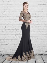  Mermaid Scoop Black Long Sleeves With Train Appliques Lace Up Prom Party Dress