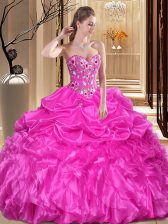 Customized Fuchsia Organza Lace Up Sweetheart Sleeveless Floor Length Ball Gown Prom Dress Embroidery and Ruffles