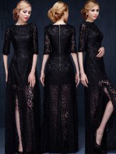 On Sale Scoop Black Lace Zipper Dress for Prom Half Sleeves Floor Length Lace