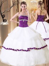  White Ball Gowns Strapless Sleeveless Organza Floor Length Lace Up Beading and Embroidery and Ruffled Layers Sweet 16 Dresses