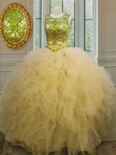 Sexy Scoop Light Yellow Ball Gowns Beading and Ruffles Ball Gown Prom Dress Lace Up Tulle Sleeveless Floor Length