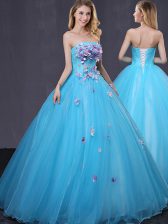 Latest Sleeveless Lace Up Floor Length Appliques Quinceanera Gowns