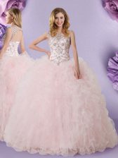  Scoop Baby Pink Sleeveless Floor Length Lace Lace Up Quinceanera Dress