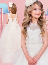 Luxurious Scoop White Sleeveless With Train Appliques and Bowknot Lace Up Flower Girl Dresses