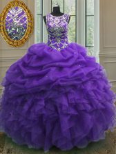  Scoop Purple Sleeveless Floor Length Beading and Ruffles and Pick Ups Lace Up 15 Quinceanera Dress