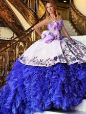  Blue And White Ball Gowns Appliques and Embroidery Sweet 16 Quinceanera Dress Lace Up Organza Sleeveless Floor Length