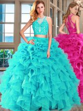 Stunning Scoop Aqua Blue Sleeveless Appliques and Ruffles Floor Length 15 Quinceanera Dress