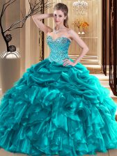 Chic Organza Sweetheart Sleeveless Lace Up Beading and Pick Ups Quinceanera Gown in Teal