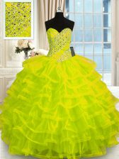 Captivating Sleeveless Floor Length Beading and Ruffled Layers Lace Up Quince Ball Gowns with Yellow Green