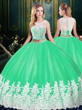  Scoop Floor Length Zipper Quinceanera Dress Apple Green for Military Ball and Sweet 16 and Quinceanera with Lace and Appliques
