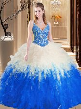  Straps Sleeveless Lace Up Quinceanera Gowns Blue And White Tulle