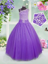  Lavender Asymmetric Side Zipper Beading Little Girl Pageant Gowns Sleeveless