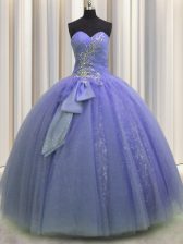 Latest Lavender Sweetheart Lace Up Beading and Sequins and Bowknot Sweet 16 Quinceanera Dress Sleeveless