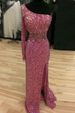  Mermaid One Shoulder Long Sleeves Sequined Prom Evening Gown Sequins Sweep Train Backless
