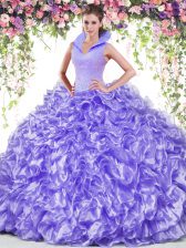 Ideal Lavender Backless High-neck Beading and Ruffles Sweet 16 Quinceanera Dress Organza Sleeveless