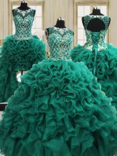  Four Piece Scoop Sleeveless Quinceanera Dresses Floor Length Beading and Ruffles Dark Green Organza