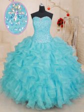 Customized Aqua Blue Quinceanera Gowns Military Ball and Sweet 16 and Quinceanera with Beading and Ruffles Sweetheart Sleeveless Lace Up
