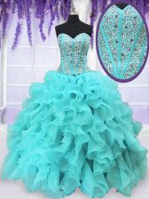 Designer Aqua Blue Sleeveless Beading and Ruffles Floor Length Quince Ball Gowns