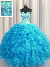 Beauteous Visible Boning Bling-bling Sleeveless Lace Up Floor Length Beading and Ruffles Quinceanera Gown