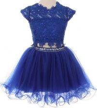 Fitting Scoop Blue Cap Sleeves Mini Length Beading and Lace Zipper Flower Girl Dresses