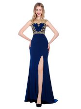 Top Selling Navy Blue Sleeveless Silk Like Satin Sweep Train Zipper for Prom and Party