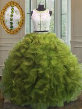 Fashion Scoop Olive Green Ball Gowns Appliques and Ruffles Vestidos de Quinceanera Clasp Handle Organza Sleeveless Floor Length
