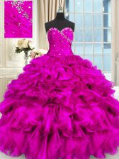  Organza Sweetheart Sleeveless Lace Up Beading and Ruffles Sweet 16 Quinceanera Dress in Fuchsia