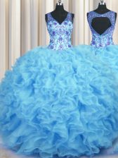 Fantastic V Neck Sleeveless Zipper Floor Length Beading and Appliques and Ruffles Quinceanera Gowns