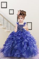 Classical Navy Blue Organza Lace Up Straps Sleeveless Floor Length Little Girls Pageant Dress Wholesale Beading and Ruffles